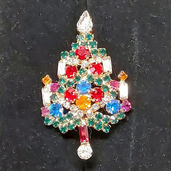 VTG JOSEPH WARNER SPARKLE JEWELED RHINESTONE GOLD TONE CHRISTMAS TREE BROOCH PIN - Picture 4 of 10
